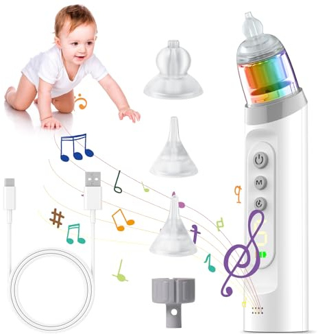 Anluomania Nasensauger Baby Elektrisch, Nasensauger Baby Staubsauger Wiederaufladbar 68 kPa Saugkraft, Elektrischer Nasenreiniger mit 5 Saugstufen und 3 Silikonspitzen Nasal Aspirator, Musik, Licht