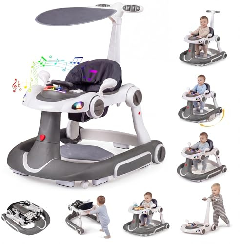 COSTWAY 7 in 1 Lauflernhilfe mit Verdeck, Lauflerwagen mit einstellbarer Höhe & Geschwindigkeit, Baby Walker klappbar mit Spielboard, Musik, Licht & Rädern, Gehfrei Baby ab 6 Monaten (Grau)