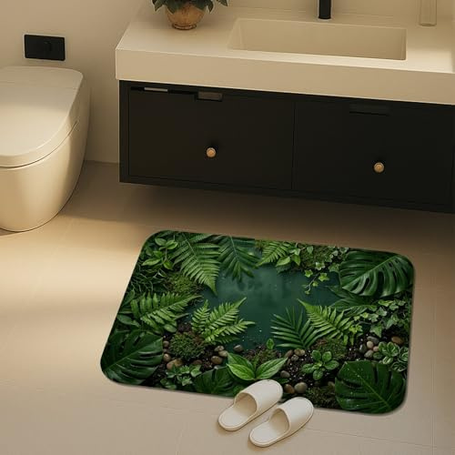 Leaf Badematte, schnell trocknend, tropische Farne und Steine, saugfähig, rutschfest, für Sommer, botanisch, waschbar, Badteppiche für Badezimmer, WC, WC, dekorativ, 50,8 x 81,3 cm