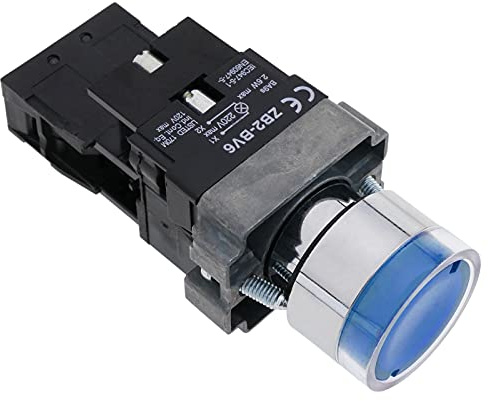 BeMatik - Pulsador de Enganche 22mm 400V 10A con Bloqueo y luz LED Azul