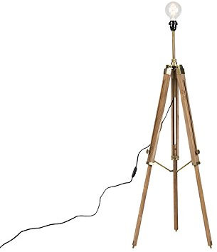 Qazqa - Landhaus I Vintage Ländliche Stehlampe aus Dreibeinholz mit antikem Messing – Cortin I Wohnzimmer I Schlafzimmer - Länglich - LED geeignet E27