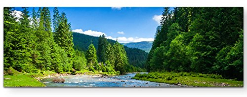 Paul Sinus Art Leinwandbilder | Bilder Leinwand 150x50cm wunderschöne Landschaft mit Bergen, Wald und Bach