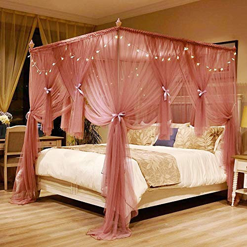 ASDFGH Verschlüsselung Bodenstehende Vier Ecke Moskitonetz Betthimmel, 3-türer Prinzessin Betthimmel Edelstahl Halterung Mit Lichterkette-rosa 180x220cm(71x87inch)