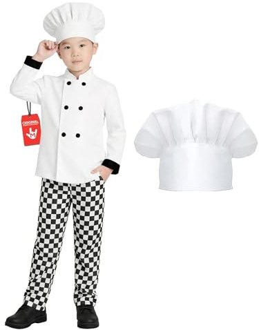 Fun Shack Costume Chef Bambino, Costume Cuoco Halloween Bambino | Giacca Bianca, Pantaloni a Quadri & Cappello, Divisa da Chef, Perfetto per Halloween, Ideale per il Gioco di Ruolo