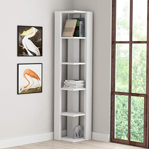 HOCUS PICUS 5 Tier Corner Bookcase with Many Colour Options - 161x34x34cm - Living Room Furniture - Easy to Assemble - Book Storage - Display Unit (White)