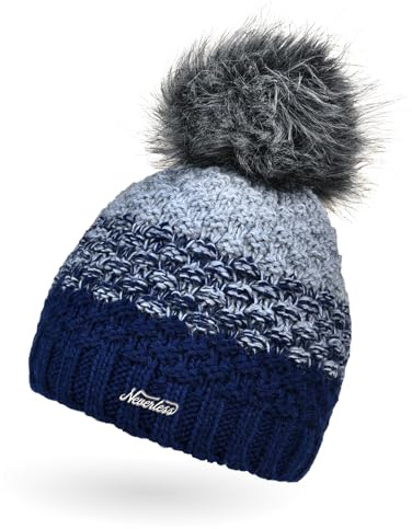 Neverless® Damen Strick-Mütze gefüttert Fleece-Innenfutter Fell-Bommel Kunstfell Winter-Mütze Bommelmütze Grobstrick Mehrfarbig