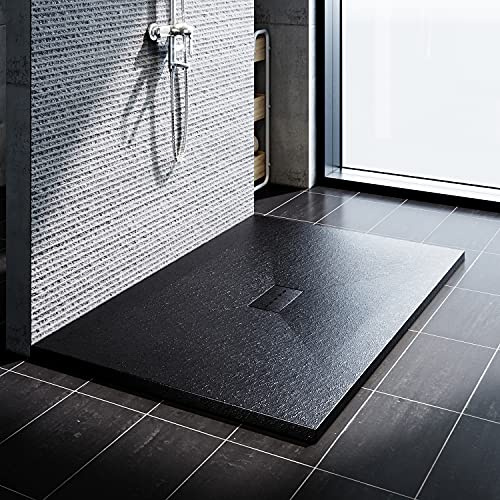 SONNI Duschwanne 140x100 cm, 32 mm Extra Flach, Schwarz, SMC, Mit Siphon | Extra flache Duschwanne in Schieferoptik mit rutschhemmender Oberfläche für sicheren Stand und eine moderne Badgestaltung