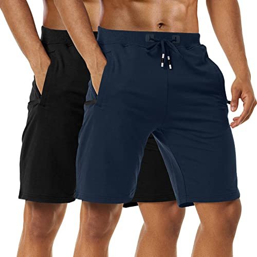 Boyzn Sportshorts för män bekväma träningsshorts i bomull elastisk midja löparshorts med blixtlåsfickor, 2-pack-svart/marinblå, M
