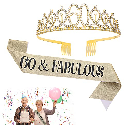 Abeillo 60 Geburtstag Krone und Schärpe, 60. Geburtstag Tiara 60 & Fabulous Schärpe, 60 Geburtstag Deko für 60. Geburtstag Frauen Geschenk