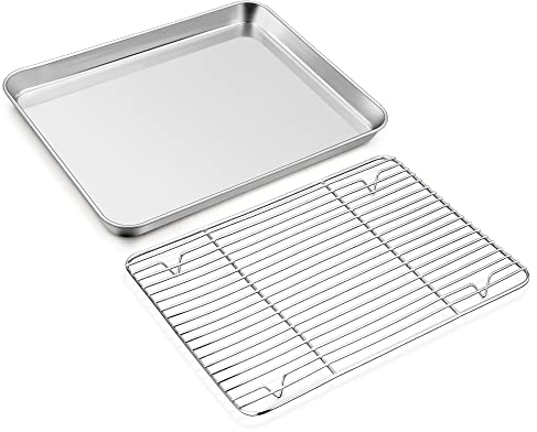 Joyfair - Teglia da forno con griglia di raffreddamento, in acciaio inox, grande teglia da forno e griglia per torte, 40,5 x 30,5 x 2,5 cm, rettangolare e griglia di raffreddamento per