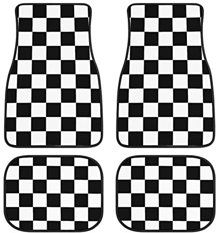 Plaid Car Floor Mats Set of 4,Geometric Checkered Plaid Pattern Vehicle Front Rear Carpets Mats Black White Car Floor Rugs Non-Slip Auto Foot Mats Car Accessories Universal Fit for Car SUV Truck Van