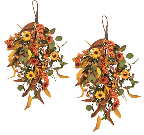 BestAlice 20in Fall Wreaths for Front Door, 2pcs Artificial Daisy Sunflower Berries Teardrop Swags Autumn Harvest Wreaths, Orange Eucalyptus Leave Decoration Swag for Wall Wedding Thanksgiving Decor