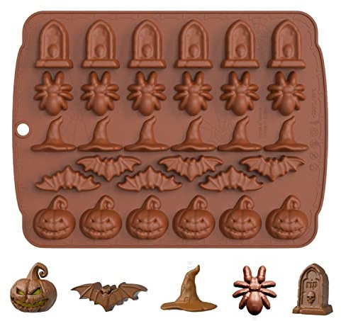 Halloween Silikonform,1 Stück Halloween Schokoladenform mit 30 Vertiefungen | Kürbis, Fledermaus, Spinnenhut, Grabsteinform für Schokolade, Süßigkeiten, Gelee zum Selbermachen