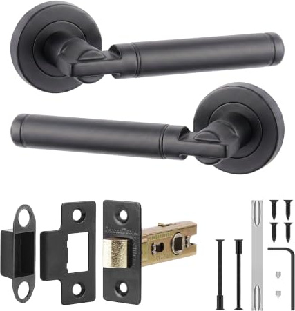 Decoranddecor Matt Black Door Handles Internal, Fire Rated Latch Set | Black Door Handle and Latch Set, Mortice Tubular Latch, Fire Door Handle Set, Interior Lever Handles, Bedroom Office Doors