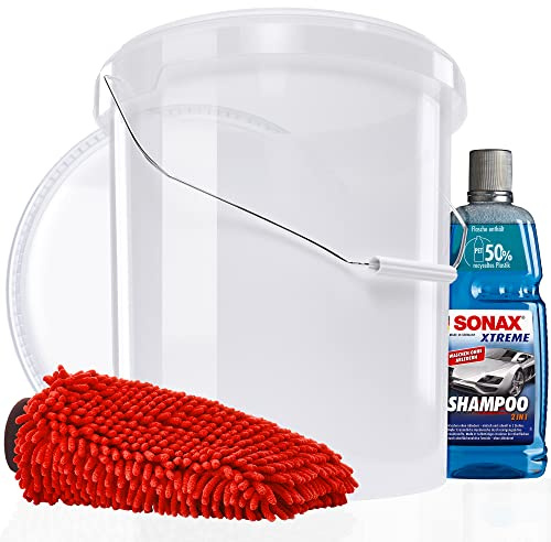 Autowäsche Set - SONAX Xtreme Shampoo 2in1 - Autoshampoo - 1L - Detailmate: Wascheimer mit Deckel, Chenille Waschhandschuh - Autoreinigungsset Aussen