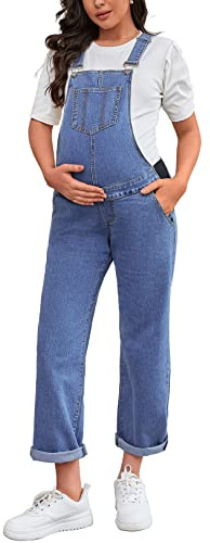 MOMOOD Salopette de maternité en jean pour femme enceinte - Coupe droite - Longueur cheville, bleu jean, Large
