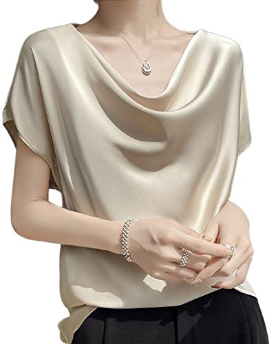 Chemise Femme Chic Et Élégant, Chemisier en Satin pour Femme Été Élégant Solide Pull À Col Bénitier Chemises Tops Mode À Manches Courtes Tunique Tops Casual Blouses De Travail en Soie T-Shi