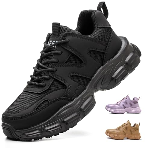 COOU Arbeitsschuhe Damen Leicht Sicherheitsschuhe Rutschfest Sportlich Stahlkappenschuhe Atmungsaktiv Schutzschuhe CO1 Schwarz/39