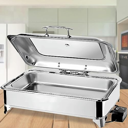9L Chafing Dish Eléctrico, Calentador de Alimentos Buffet de Acero Inoxidable con Tapa Visible, Servidor de Buffet - Temperatura Regulable, Mer la Comida Fresca y Deliciosa