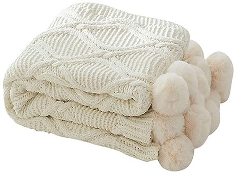 Zoomlie Chenille-Strickdecke mit Pompon-Motiv, dekorative Sofadecke, gemütlicher Plüsch, warmer Bezug für Sofa, Couch, Bett, Büro, 130 x 160 cm (weiß (dick), dünn)