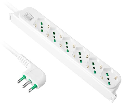 Ekon multipresa a ciabatta con 6 porte, per spine italiane, per prese schuko, spine europee, cavo da 1.5m, spina italiana 10A, interruttore luminoso, bianco