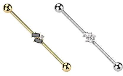 beyoutifulthings Industrial-Piercing SET Gold Silber Baguette Zirkonia Clear Industrial-Barbell Industrial-Bar Chirurgenstahl Stab-länge 38-mm