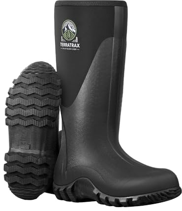 TerraTrax Men's Waterproof Rubber Muck Rain Boots, 6mm Neoprene Insulated Work Boot - Durable Mud Boots for Farming, Hunting, Fishing & Chore (Wide Calf Fit), Black & Size 10