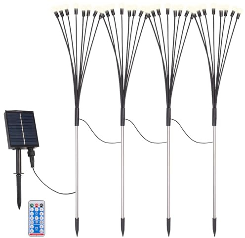 Lunartec Solarleuchte Garten: 4er-Set Solar-Glühwürmchen-Gartenlichter, 32 LEDs, 8 Modi, 65cm, Timer (Solar-Garten-Lampen Erdspieß, LED-Solarleuchten Erdspieß, Kugel)