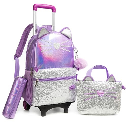 Egchescebo Kinder Katze Rucksack mit Abnehmbare Rollen Kinderkoffer 17” Mädchen für Koffer Schultrolley Kindertrolley Trolley Groß Schultasche Kindergepäck 3pcs Sätze Geeignet für Grundschüler Lila