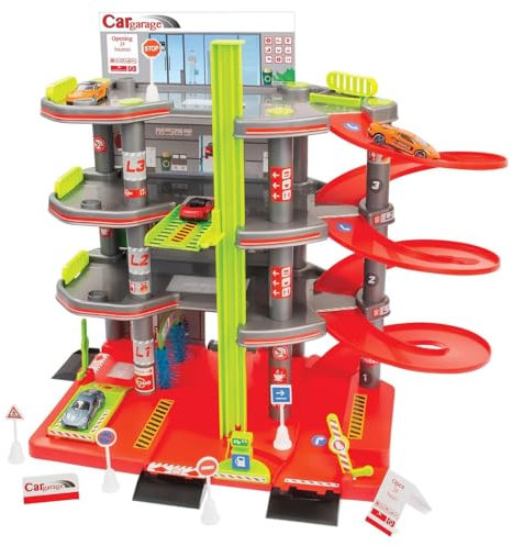 Mochtoys Parkgarage für Kinder - 4-Stöckige Parkhaus Set mit Aufzug, Verkehrsschildern und Auto, Entwickelt Manuelle Fähigkeiten, Für Kleinkinder ab 3 Jahren, Abmessungen: 55x35x44 cm