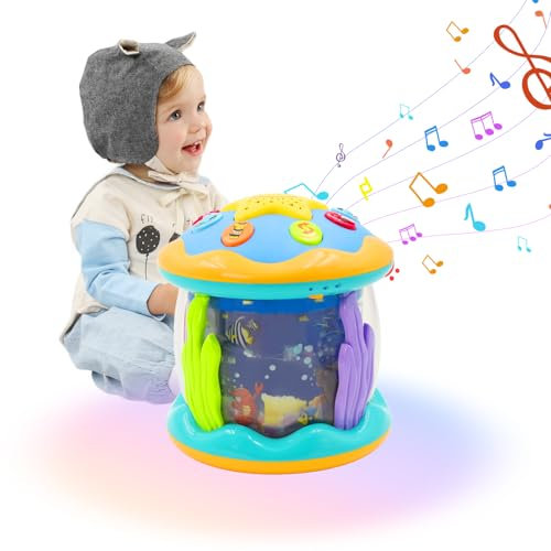 Kikuo Children Musical Drum, Projector Music Toy Light Up Toys, Early Learning Baby Drum Toy, Musical Toys for Kids Toddler Crawling Learning Musical (Blue)
