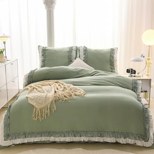 GETIYA Elegant Rüschen Bettwäsche 135x200 Weiß Grün Doppellagige Rüschen Bettbezug Zweiteilig Weich Mikrofaser Bettwäsche Grün Mädchen Damen Bettwaesche mit 1 Kissenbezug 80x80