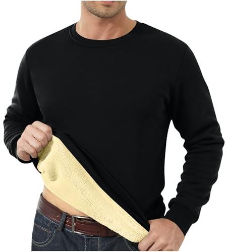 HAOLEI Mens Fleece Jumpers Crew Neck Fleece Lined Sweatshirts Thermal Winter Warm Pullover Sherpa Sweater Long Sleeve Plain Casual Workwear Thick Gym Fuzzy Fluffy Sweatshirt UK Sale Clearance Black