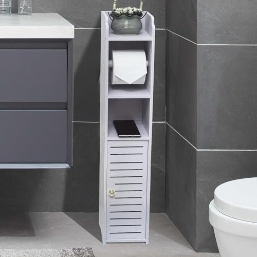 YUET Floor Cabinet, FreeStanding White PVC Toilet Paper Holder with Shelf, Bathroom Storage Tissue Organizer, Column with Toilet Roll Holder Dispensers Cupboard Free Standing (TSC09)