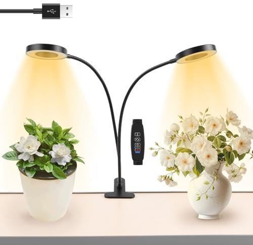 AMFUN Lampe de Croissance pour Plantes d'Intérieur à Spectre Complet, 2 Têtes, Hauteur Réglable, Minuterie 3/9/12H, 3 Modes, pour Petites Plantes, Noir