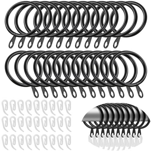 Alaoo 45 Pack Curtain Rings, Metal Drapery Curtain Rings with 50 White Plastic Hooks for Curtain Poles Rod Shower Curtain, 30 mm Internal Eyelets Diameter, Black