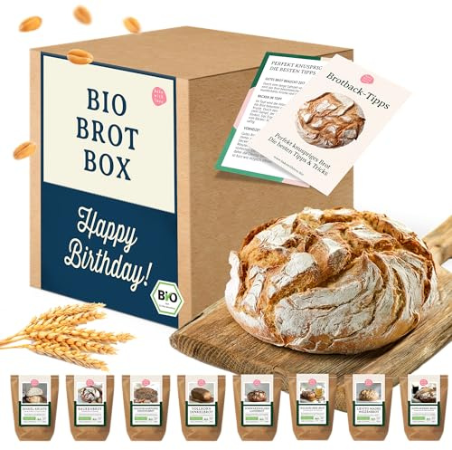 Happy Birthday Bio Brotbackmischungen Geschenkset zum Geburtstag – 8 Sorten zum Selberbacken für Brotbackautomaten & Ofen – Ideal als Geburtstagsgeschenk für Männer und Frauen – Bake with Love