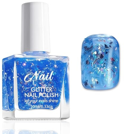 Chunky Glitzer Nagellack Blau - Ungiftig Nagelack Auf Wasserbasis - Schnelltrocknender Nagellack Ohne UV Lampe - Reflektierend Atmungsaktiv Nail Polish für Frauen Zuhause Maniküre (Blue, 10 Ml)