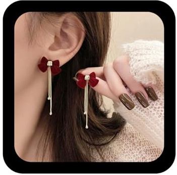 Xmsrn Boucles D'oreilles Vintage Flockées Boucles D'oreilles Longues Chaîne Serpent Boucles D'oreilles Goutte Velours Boucles D'oreilles Flocage Rouge Nœud Velours Bijoux Pour Femmes