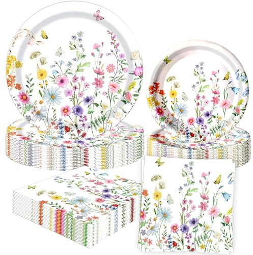 52PCS Wildflower Party Supplies Floral Paper Plates and Napkins Tea Party | Tea Party Decoration Floral Baby Shower Birthday Wedding Bridal Shower Favors
