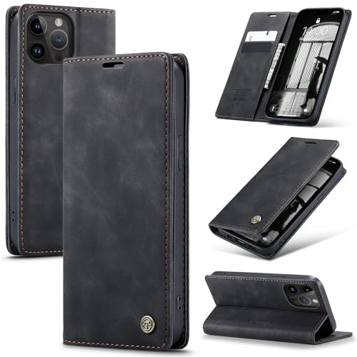 Azororo Handyhülle für iPhone 14 Pro 5G Hülle Premium Lederhülle Flip Case Magnet Tascher Kartenfach Standfunktion Klapphülle Schutzhülle für iPhone 14 Pro, Schwarz