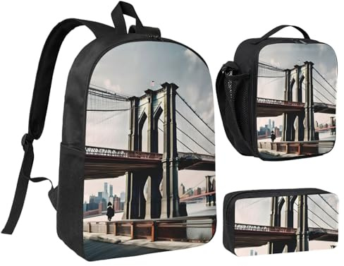 YQxwJL Brooklyn Bridge S Print - Mochila de 3 piezas con lonchera y estuche para lápices, para viajes, trabajo, camping, unisex
