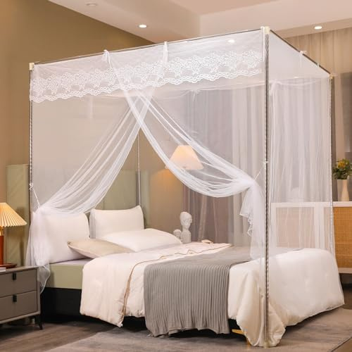 Niemro White Mosquito Net Tent for Bed，One Side Opening Canopy Netting Curtain Net for Bedroom Decoration for Full Size（Without Bed Frame）