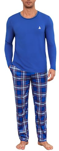 Jahetuul Pyjama Homme Hiver à Manches Longues en Coton Haut de Pyjama Uni et Pantalon à Carreaux avec Cordon de Serrage et Poches