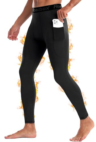 Roadbox Lange Kompressionshose Herren, Thermo Funktionsunterwäsche mit Fleece, Laufen Fitness Training Sportleggings mit Taschen