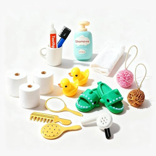 Wichtel Zubehör, 17pcs Wichtelzubehör Bad Set Weihnachten Puppenhaus Zubehör Deko, Weihnachtswichtel Wichtel Wasch Set Miniatur Badezimmer Zubehör mit Slippers Ente Klopapier Rollen
