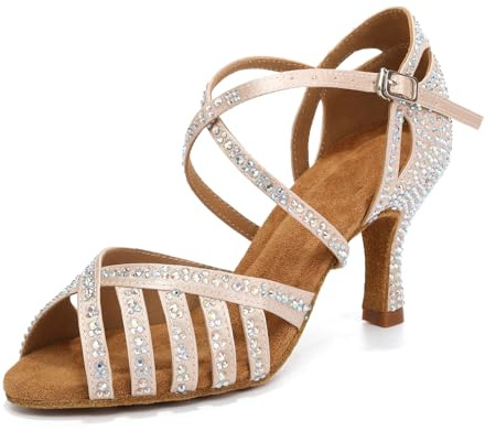 ZYXWVU Latin Dansskor för Kvinnor Bachata Salsa Tango Pole Party Strass, Beige, 37 EU