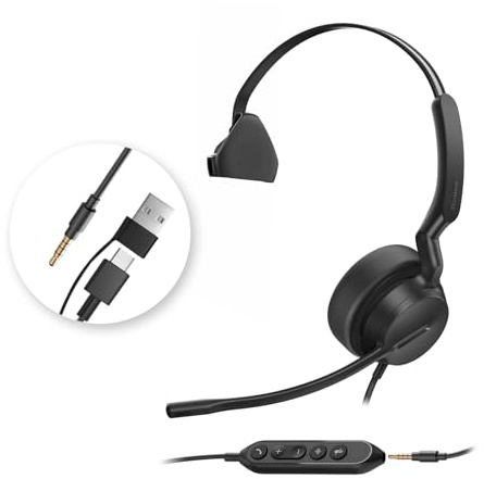Yealink UH42 SE Wired Headset with Mic, USB-A/C & 3.5MM Single Computer Headsets with Noise Cancelling Microphone for PC, Laptop, Phone, 7ft Cable in-Line Control Headphones Work with Teams, Zoom, UC