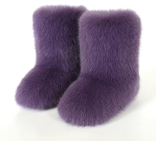 Pälsiga stövlar för kvinnor, fluffiga snöboots, konstpäls färgglada med rund tå, vattentåliga flats med gummisula för tjejer, utomhus, jul, mode, festgåvor purple European-size-39⅓