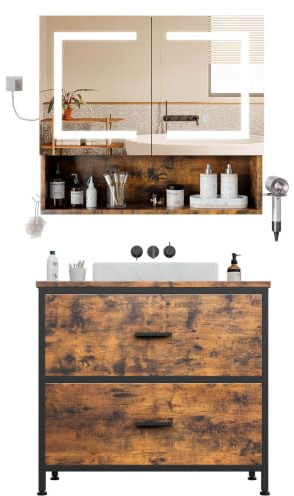 ELUCHANG Badmöbel Set 2,Waschbeckenunterschrank und Spiegelschrank Bad mit Beleuchtung,Badezimmer Set 60cm,Badezimmermöbel Komplett,Unterschrank Waschbecken mit 2 Schubladen,MDF+Metall,Oak+Weiß